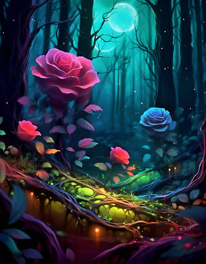 AI-generated artwork depicting flowers in a mystical forest.