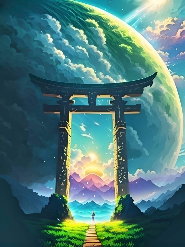 AI-generated painting depicting a serene Zen gate with a tranquil surrounding.