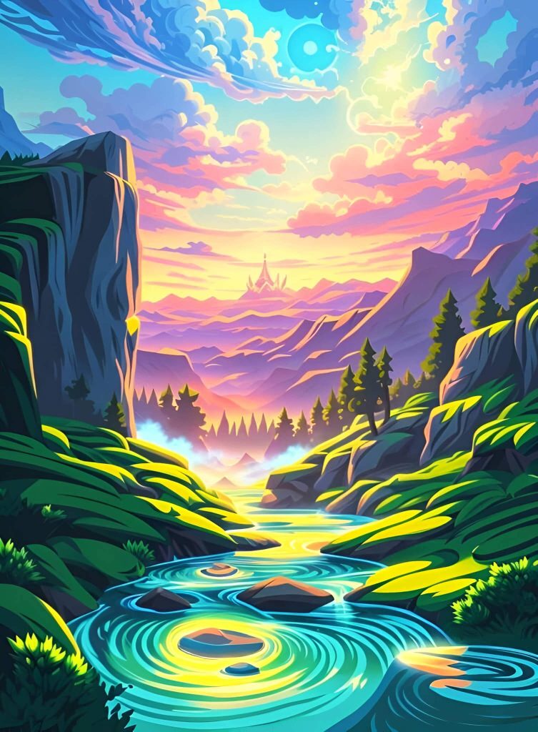 Majestic waterfalls depicted in AI-generated artwork.
