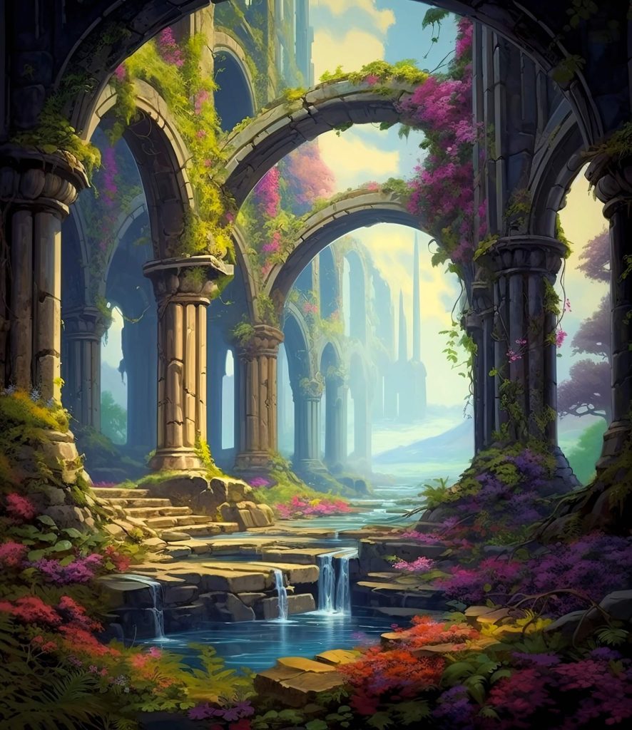 Beautiful archways in AI-generated artwork.