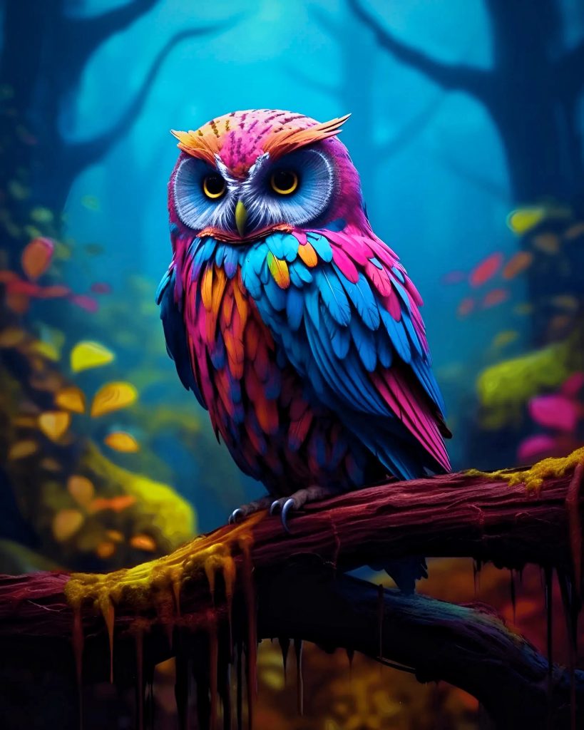 Colorful owl in AI-generated artwork.