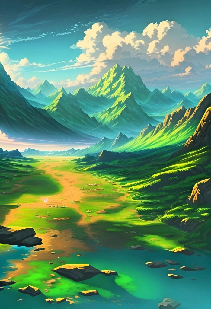 A digital artwork displaying stunning emerald mountains in an AI-generated landscape.