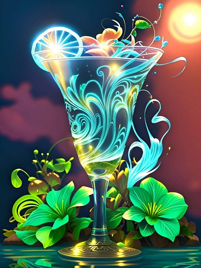 An enchanting and vivid AI-generated painting depicting a magical and colorful cocktail.