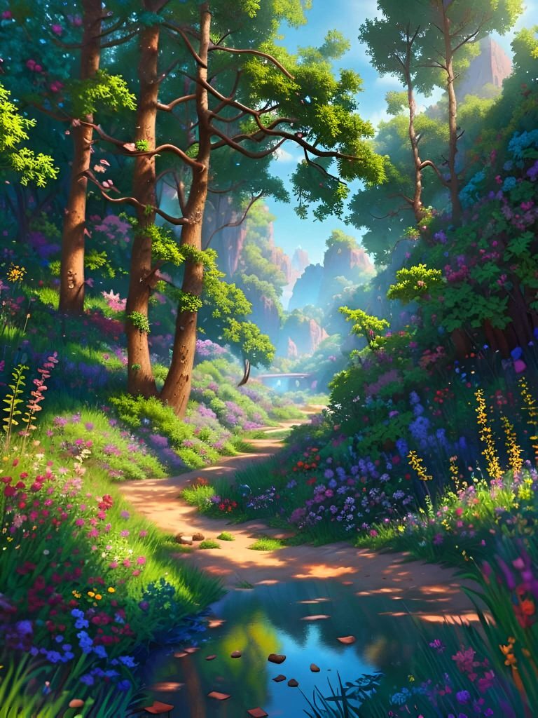 A serene painting created by AI, depicting a beautiful trail through the woods.