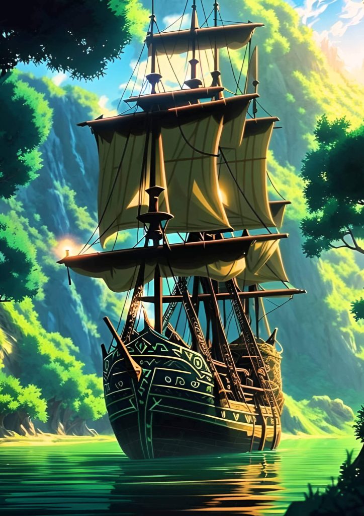 Ancient ship depicted in AI-generated painting