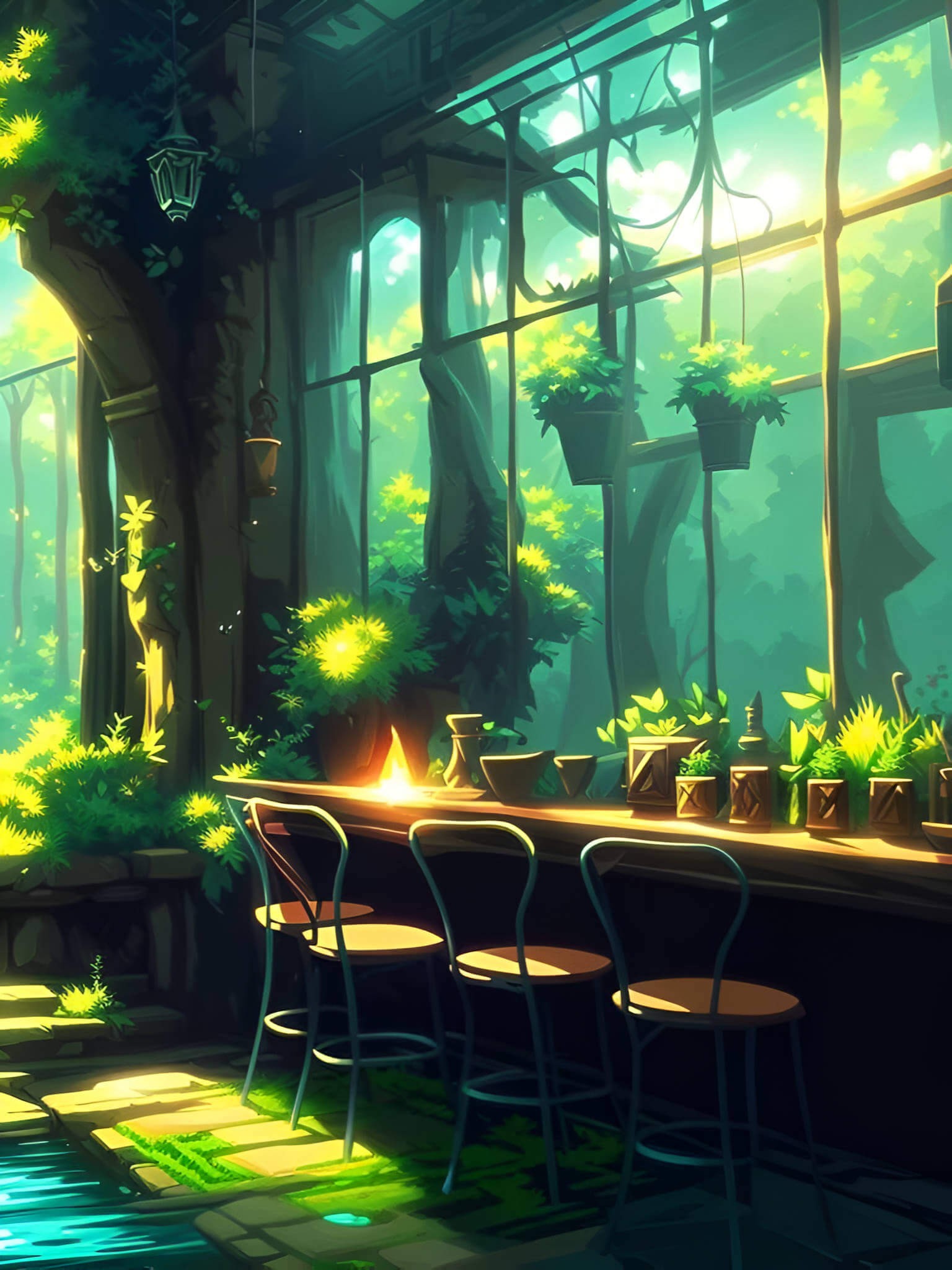 An AI-generated image illustrating a dreamy and artistic view of an eatery and bar with a fantastical ambiance.