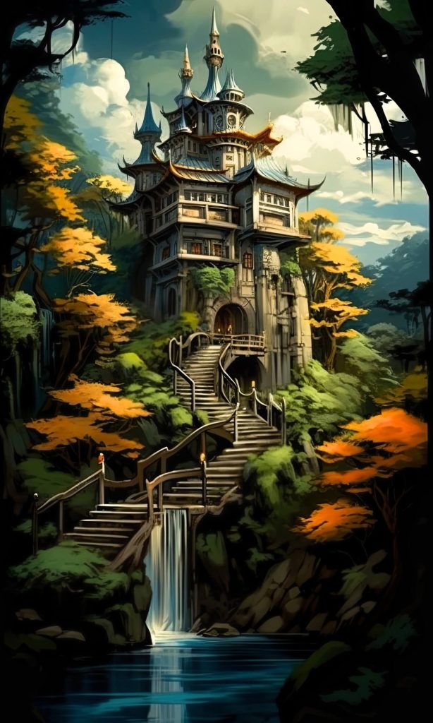 Digital painting of an ancient Japanese castle.