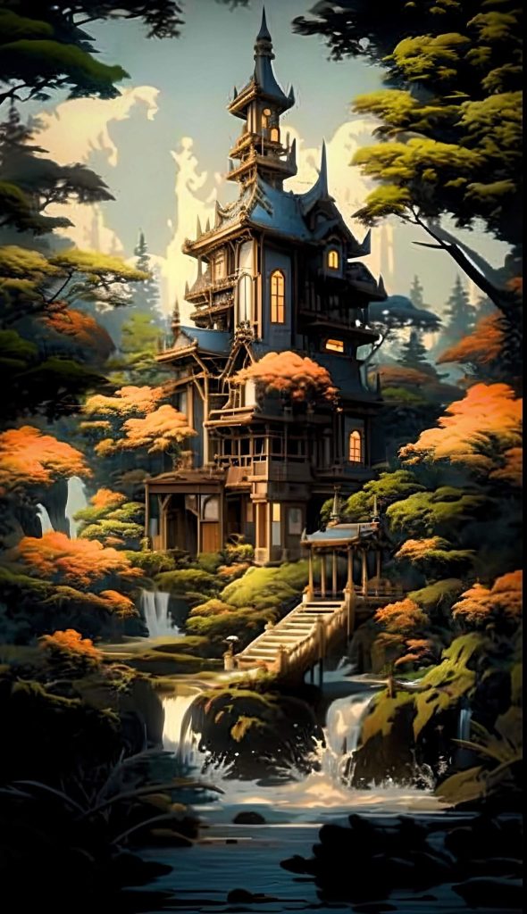 Ancient Japanese mansion depicted in AI-generated artwork.