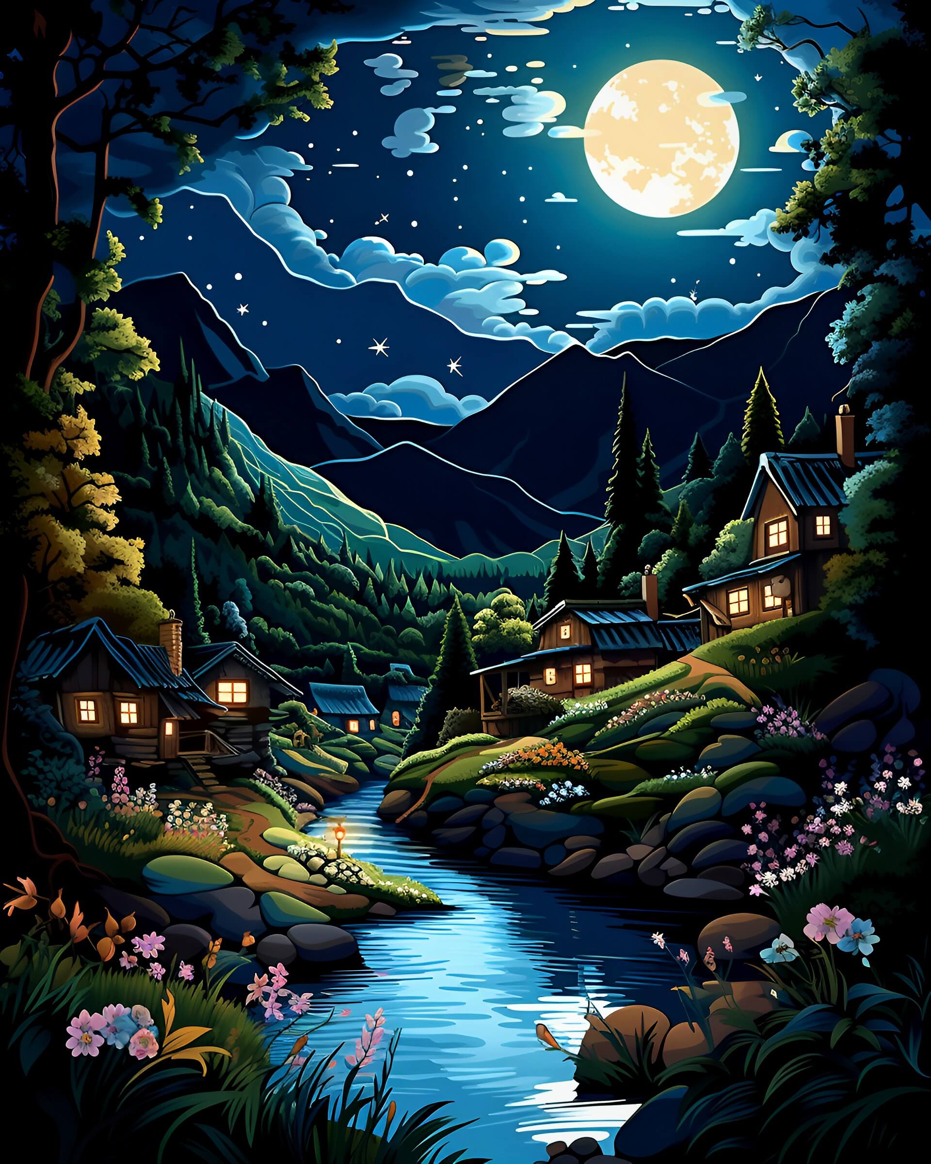 AI Artwork - Peaceful Village Under Moonlight