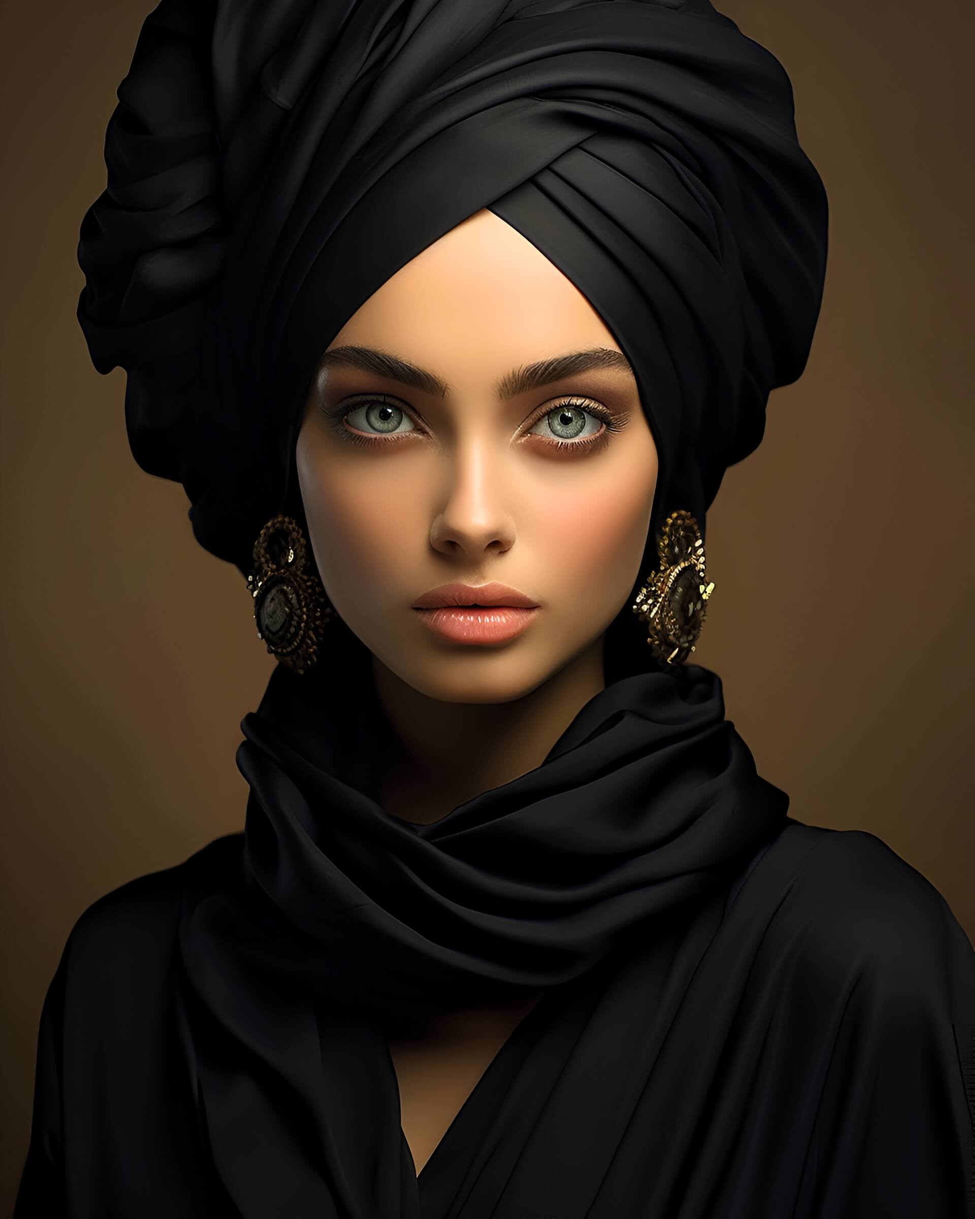 Woman with striking piercing eyes in AI artwork.