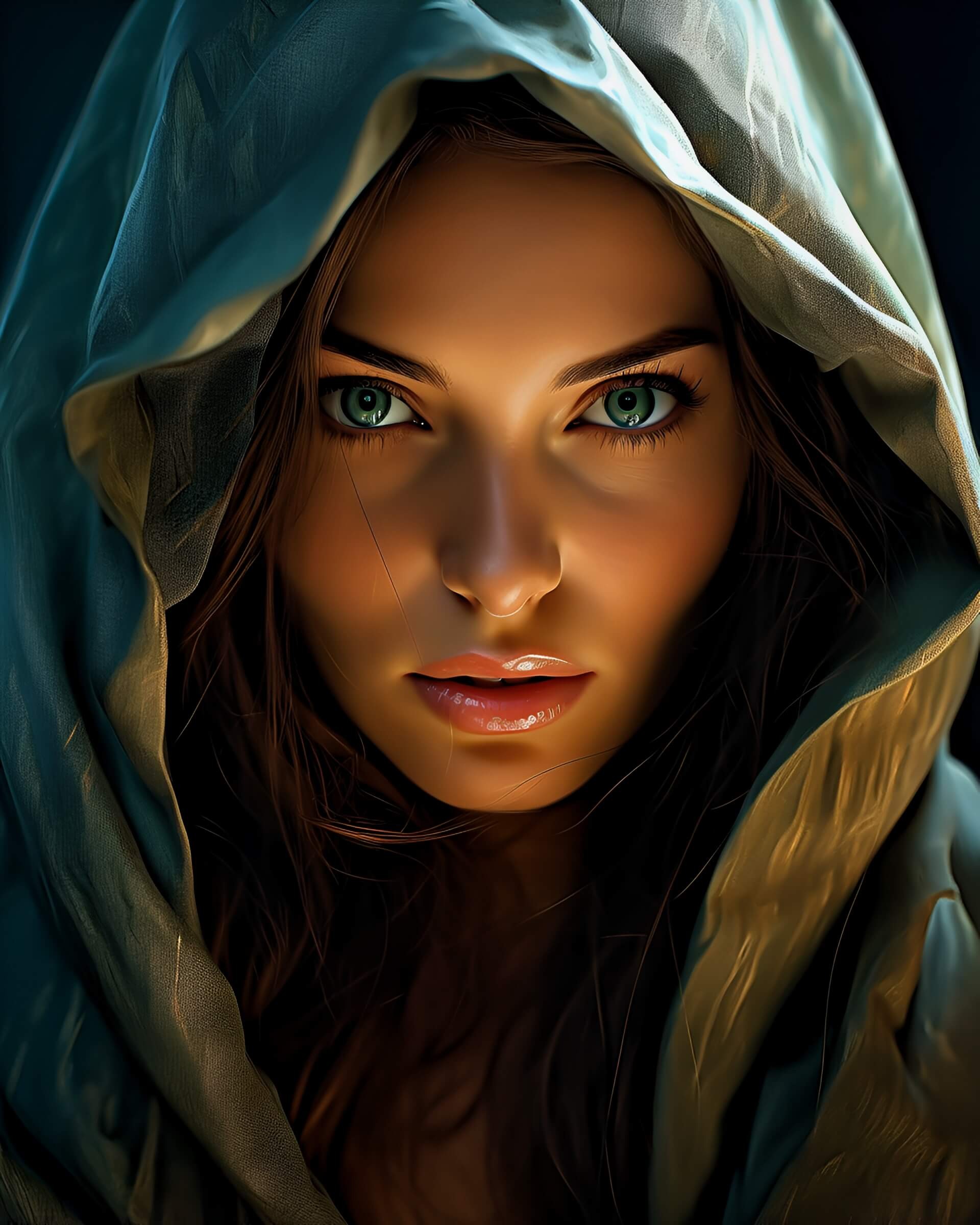 Woman with piercing eyes in AI artwork.
