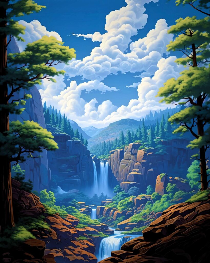 Mountain waterfall in AI-generated artwork.