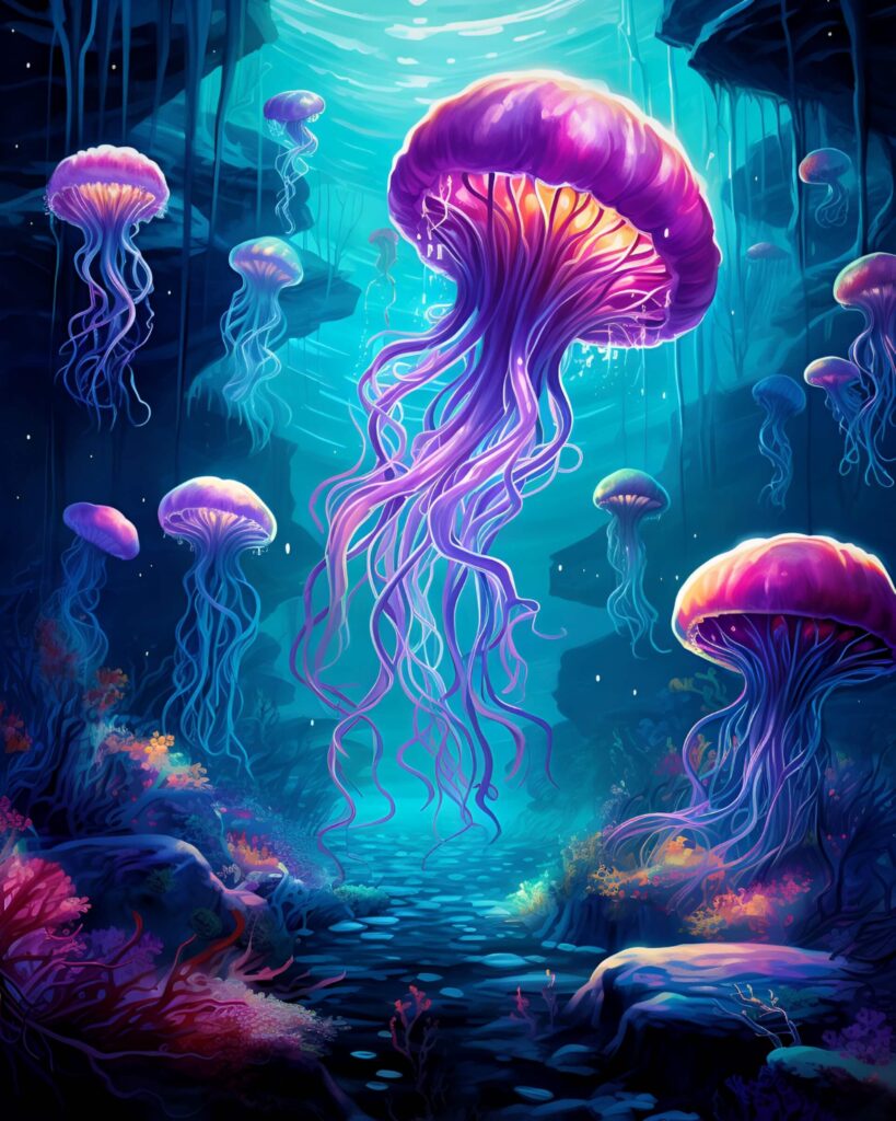 AI-generated artwork of jellyfish.