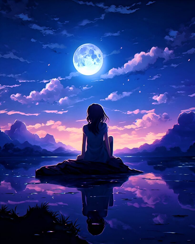 Girl looking at the moon in AI art.