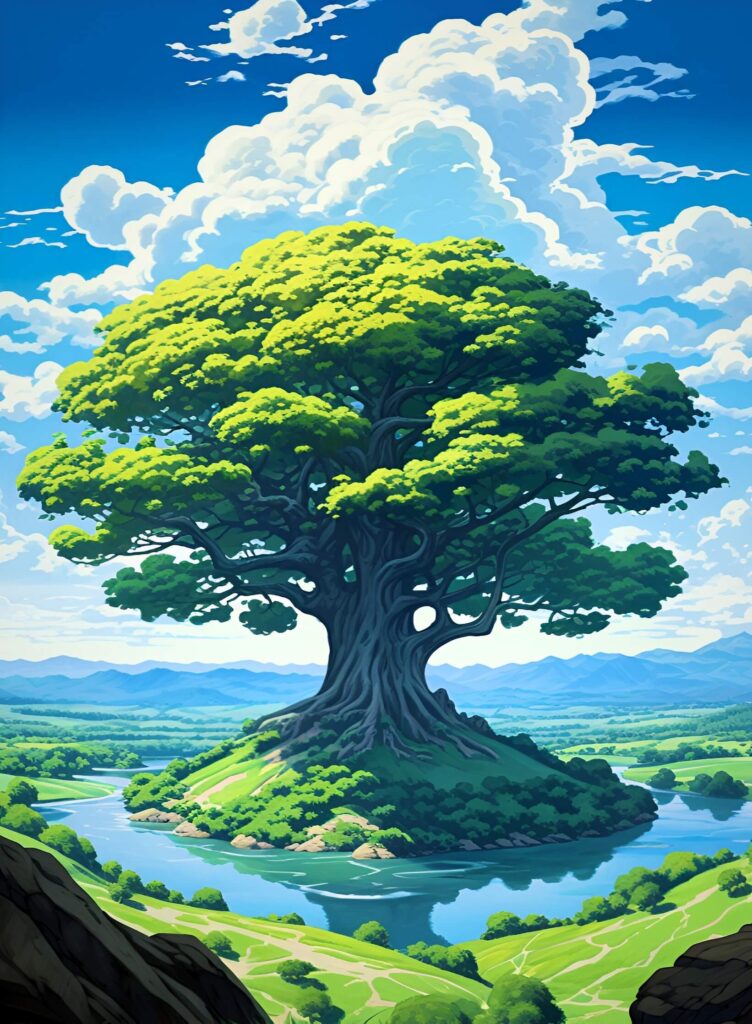 Giant tree in AI-generated artwork.