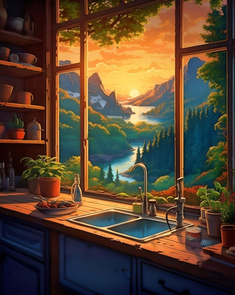 Kitchen with a view in AI-generated artwork.