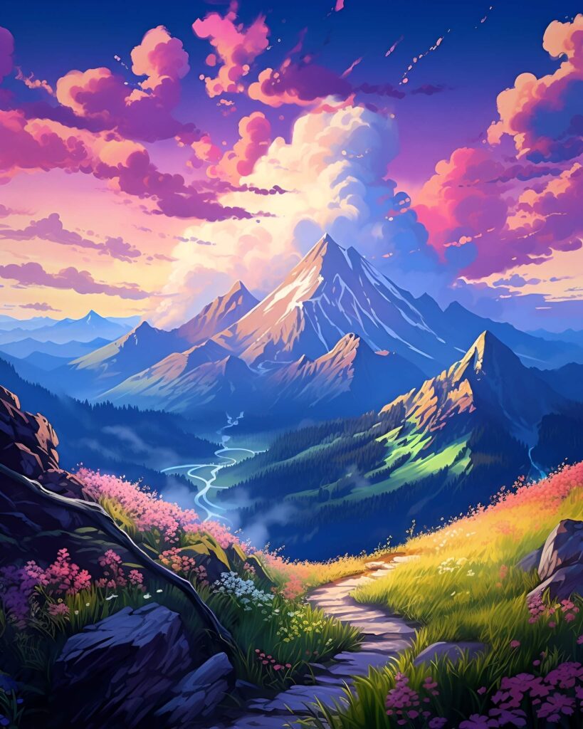 Majestic mountain view AI-generated artwork.