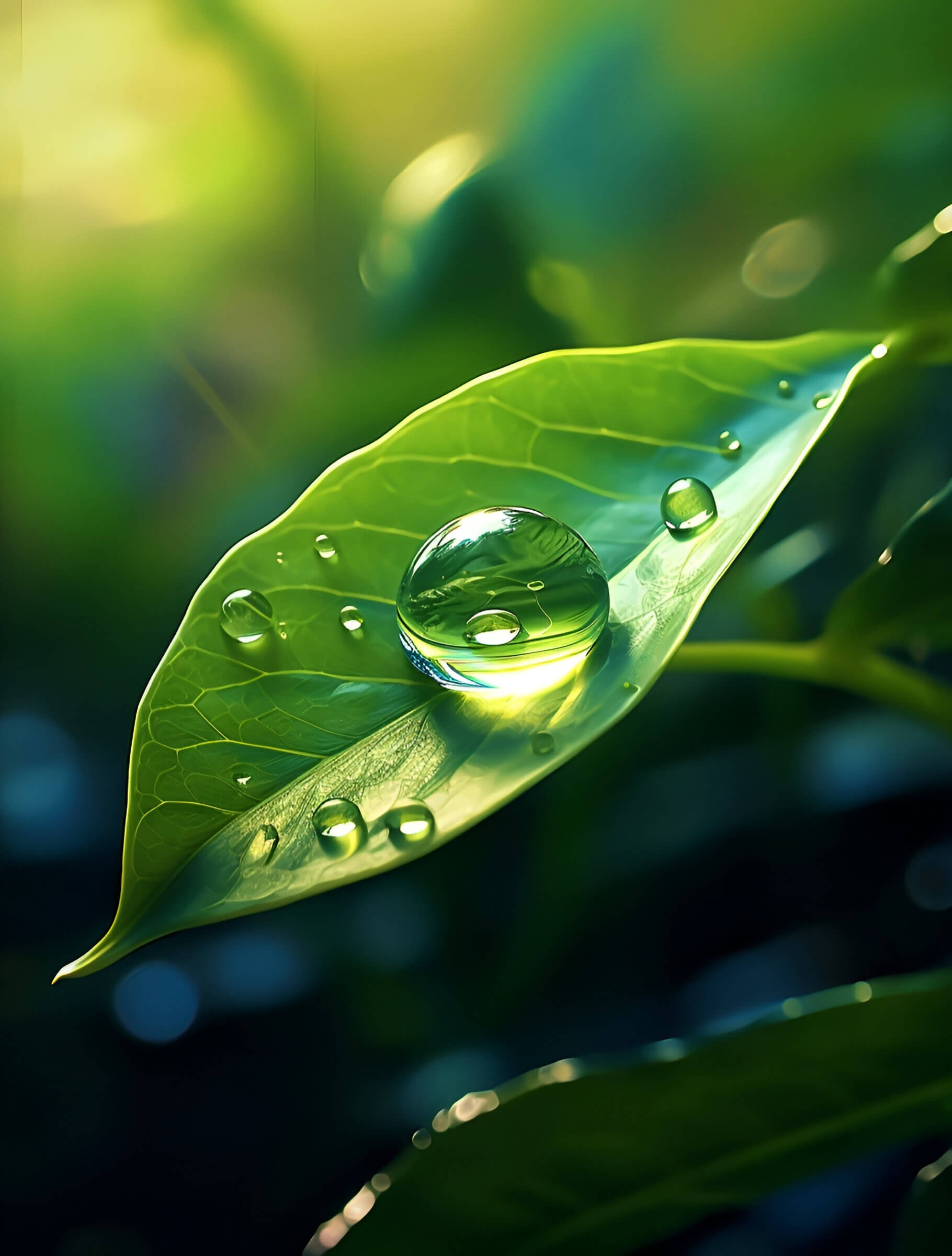 Water drop on a leaf AI-generated artwork.