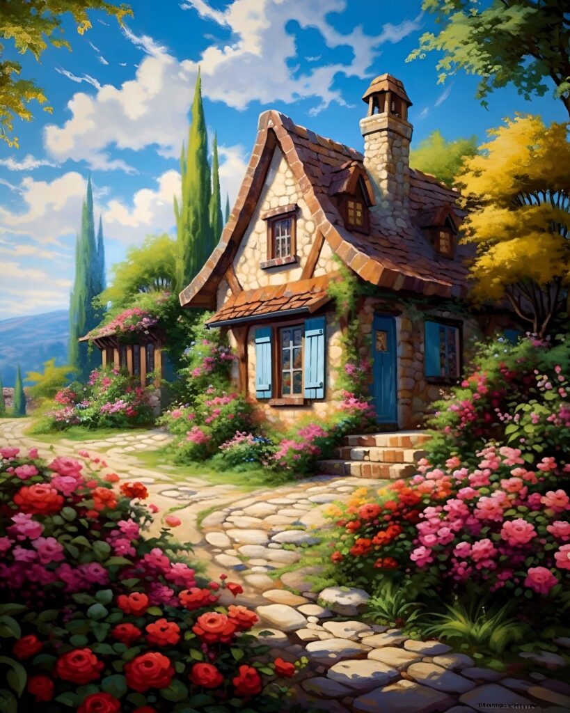 Beautiful house adorned by nature in AI-generated artwork.