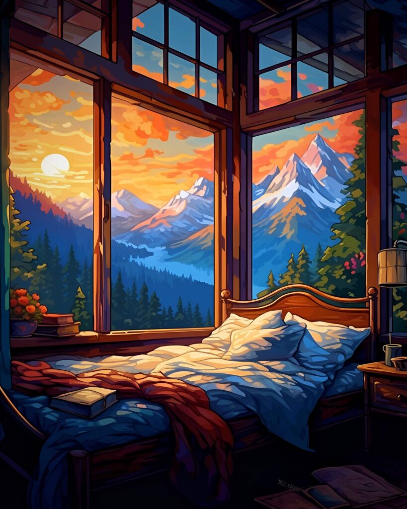 Bedroom with a view in AI-generated artwork.
