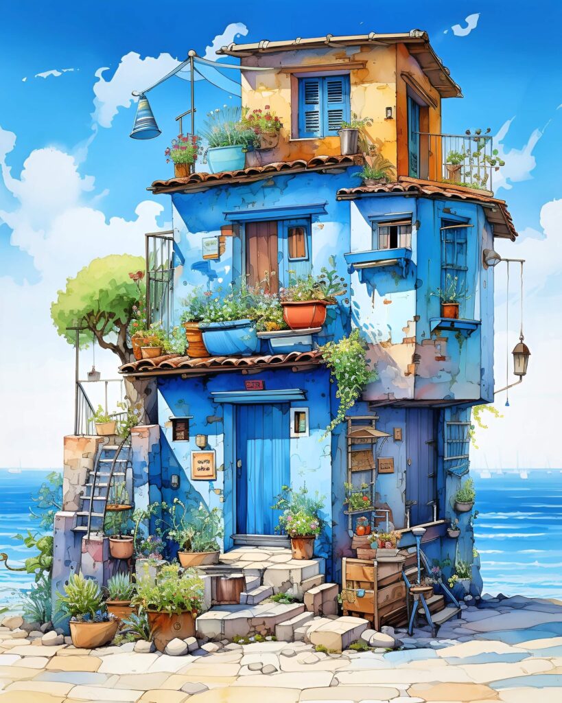 Blue house by the sea in AI-generated artwork.