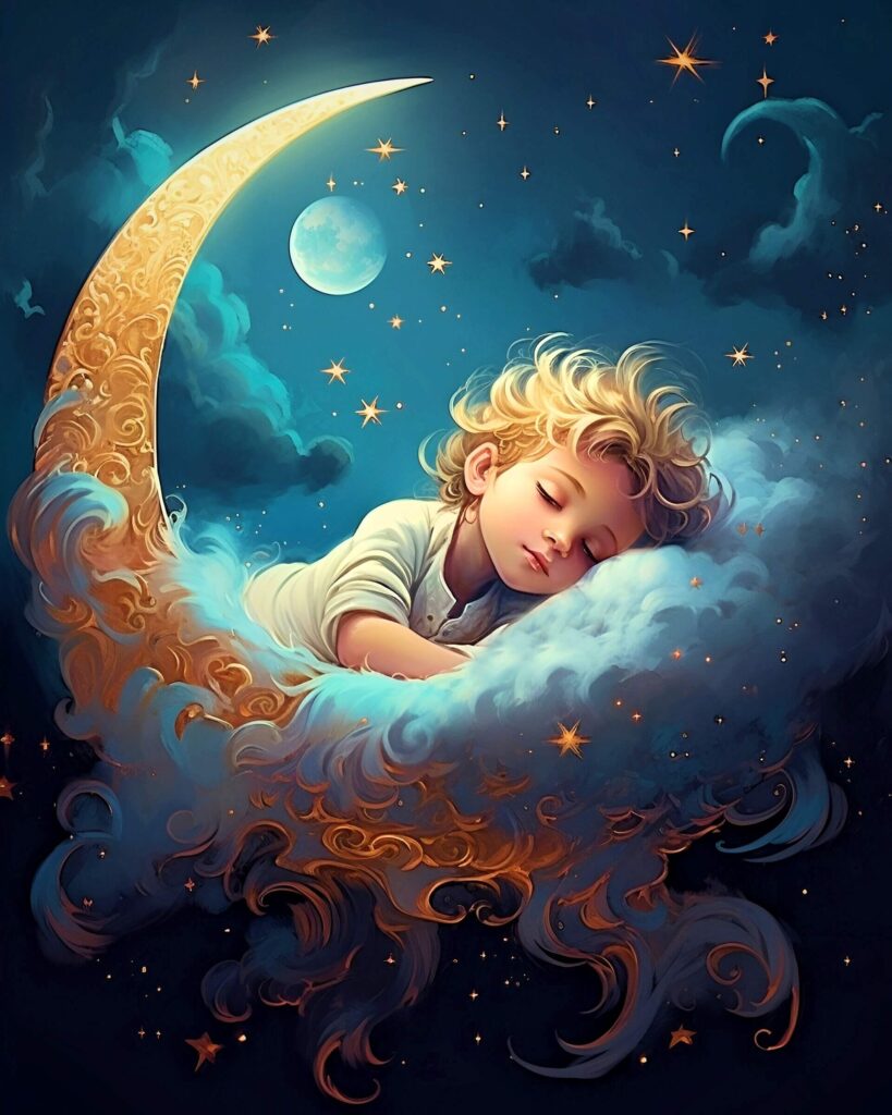 Boy sleeping on a cloud AI-generated artwork.