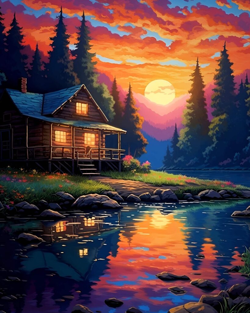 Cabin at sunset in AI-generated artwork.