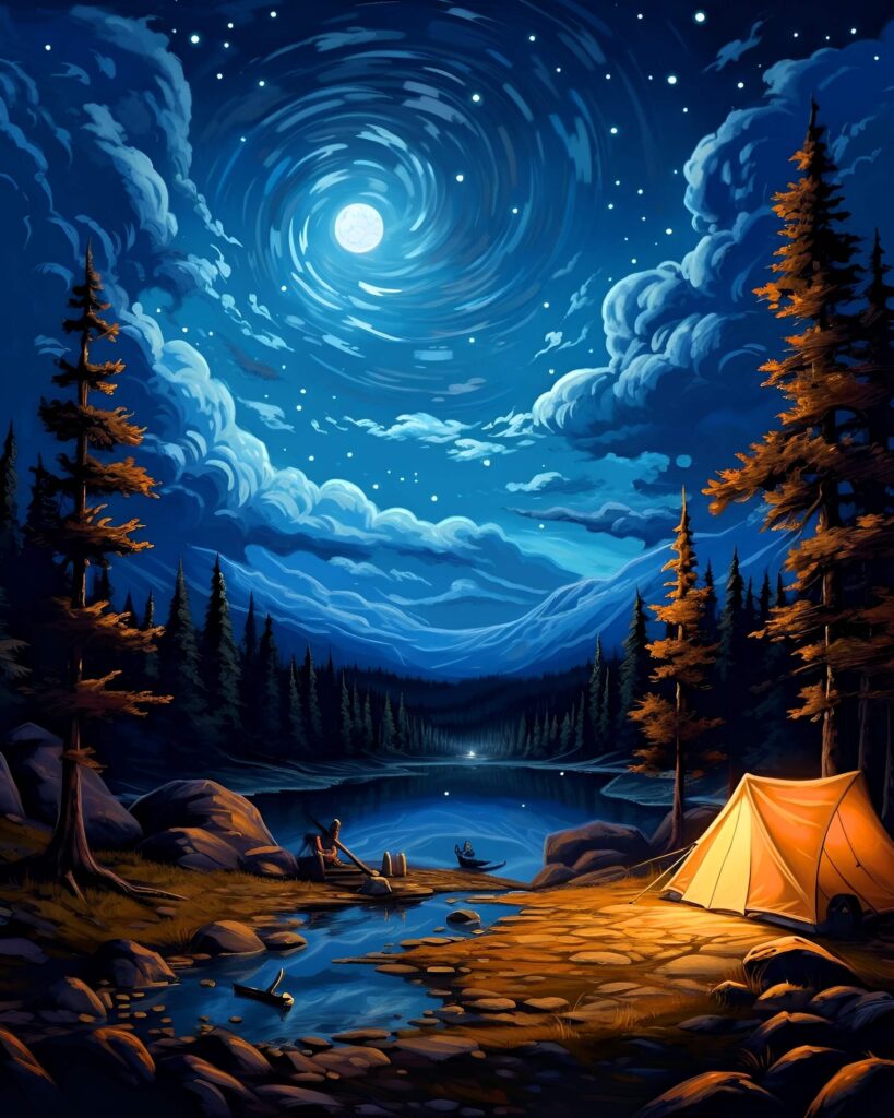 Camping under moonlight in AI-generated artwork.