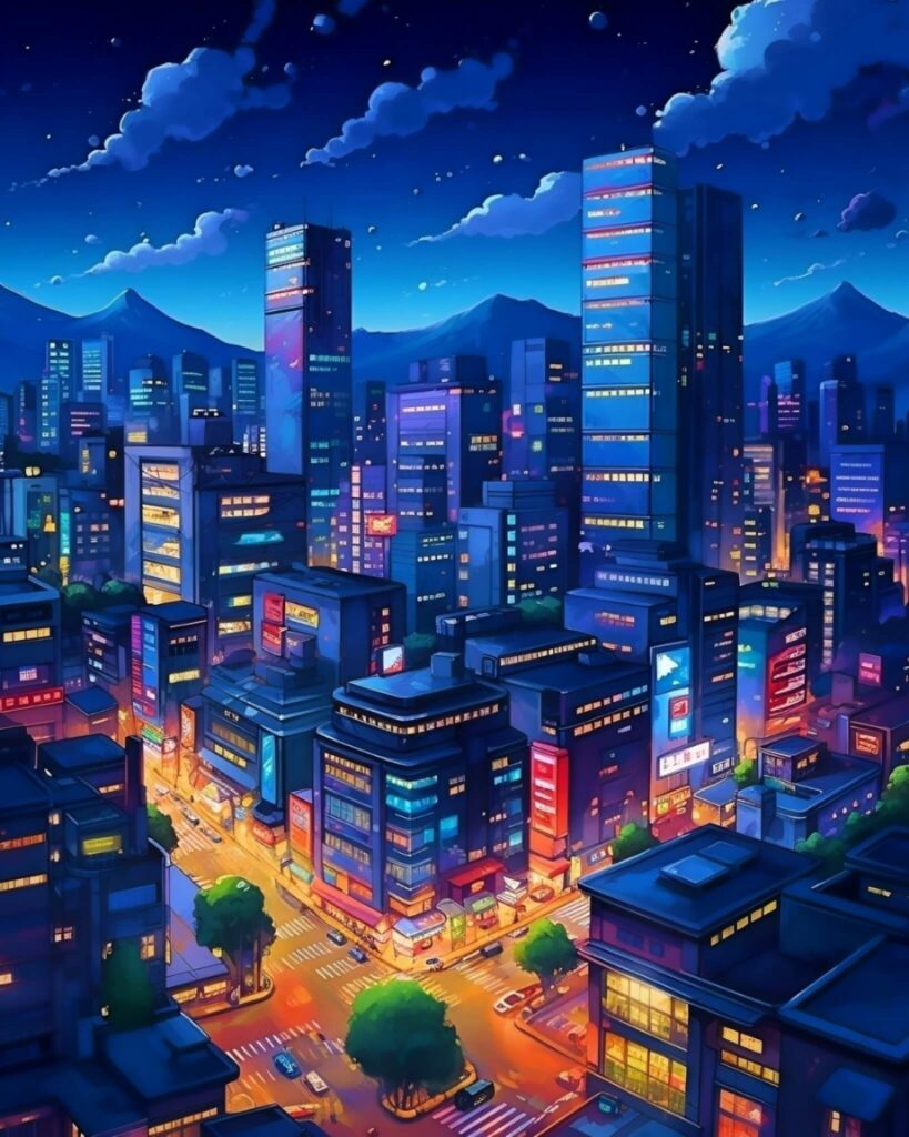 Downtown at night AI-generated artwork.