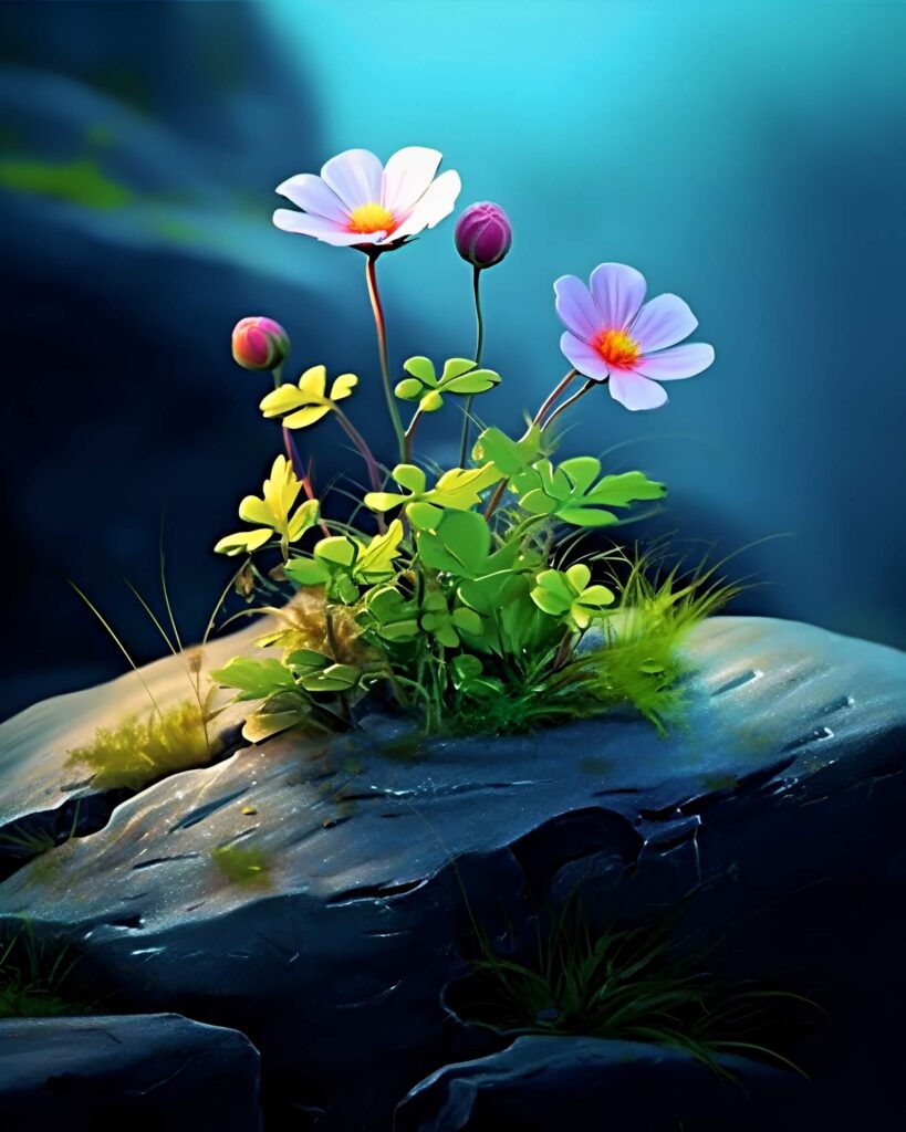 Flower growing on a rock in AI-generated artwork.