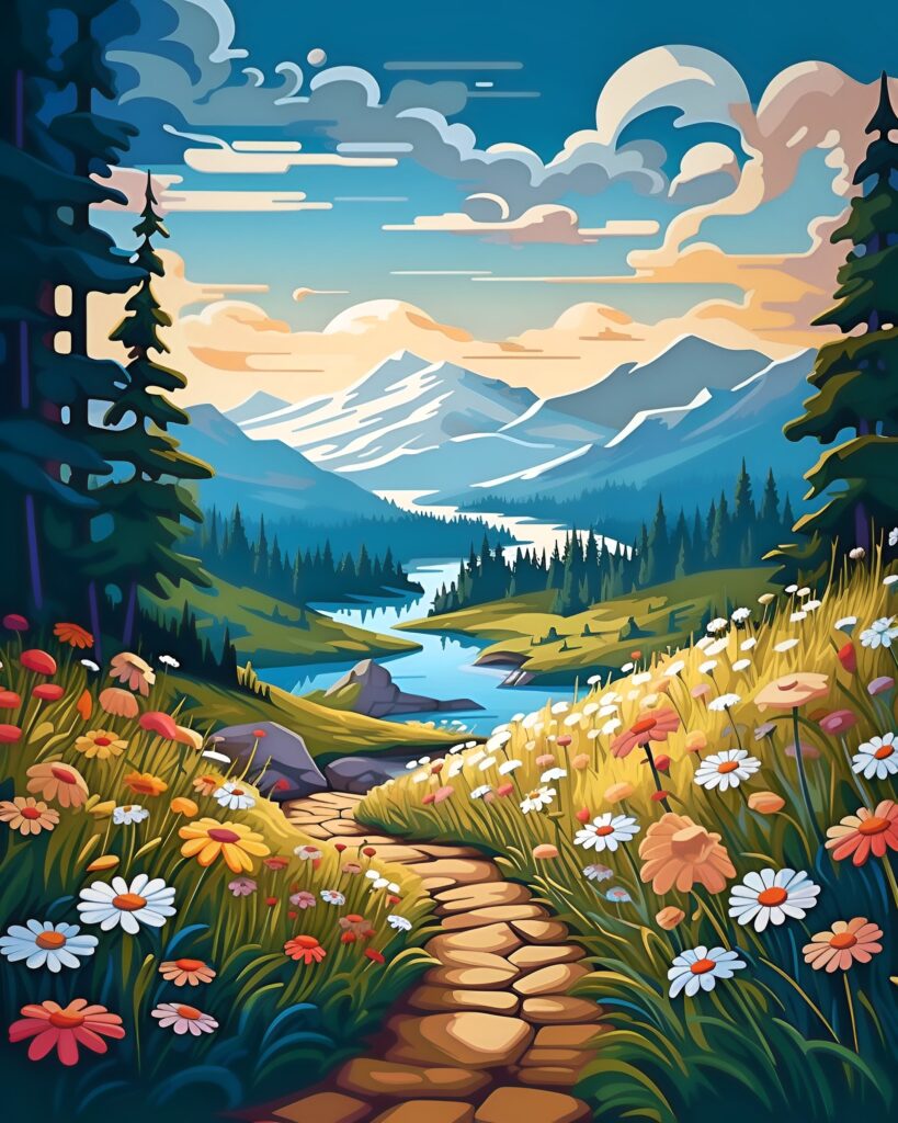 Scenic mountain path adorned with vibrant wildflowers.