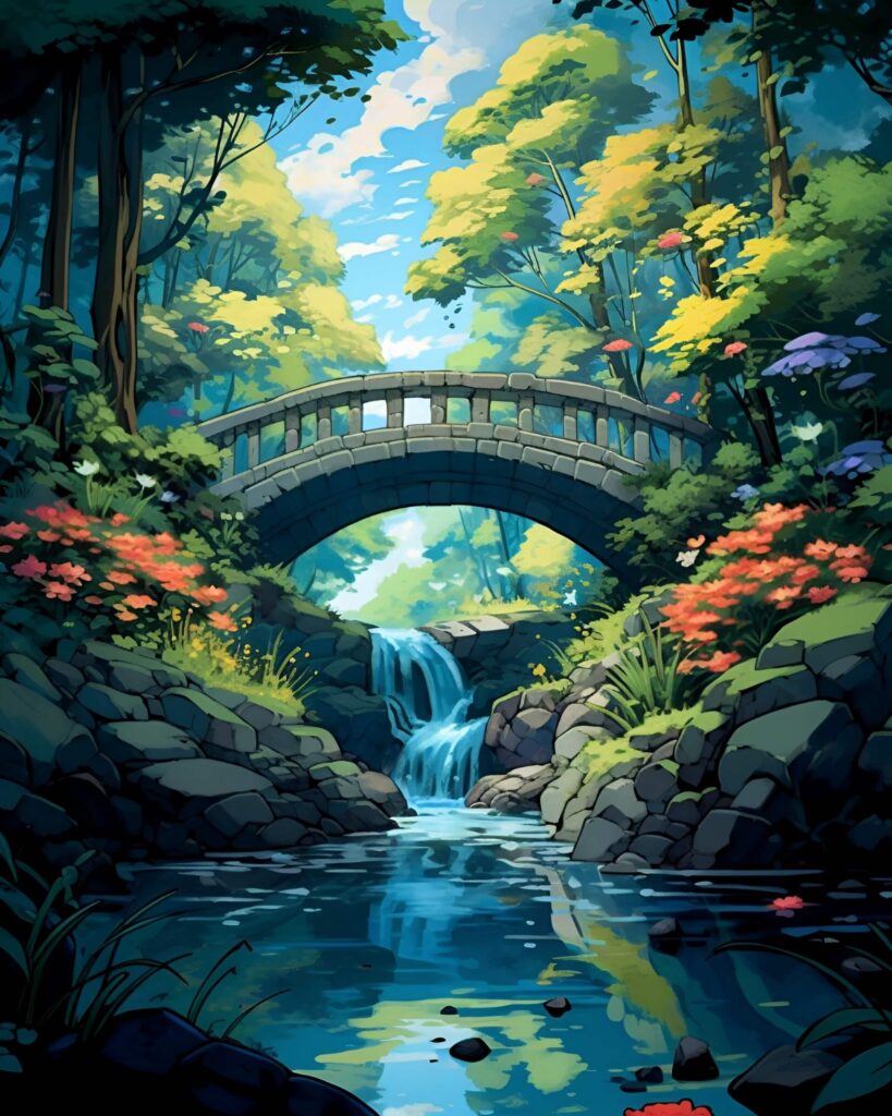 Japanese garden bridge  AI-generated artwork.