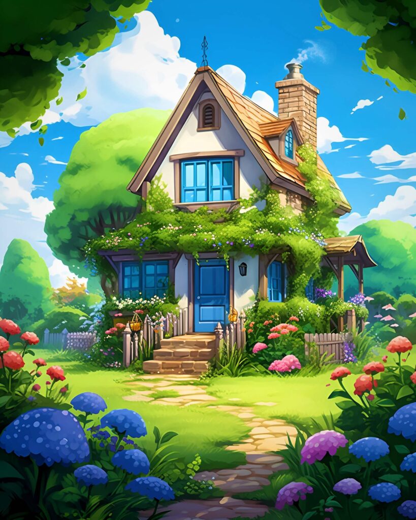 Lovely home surrounded by nature in AI-generated artwork.