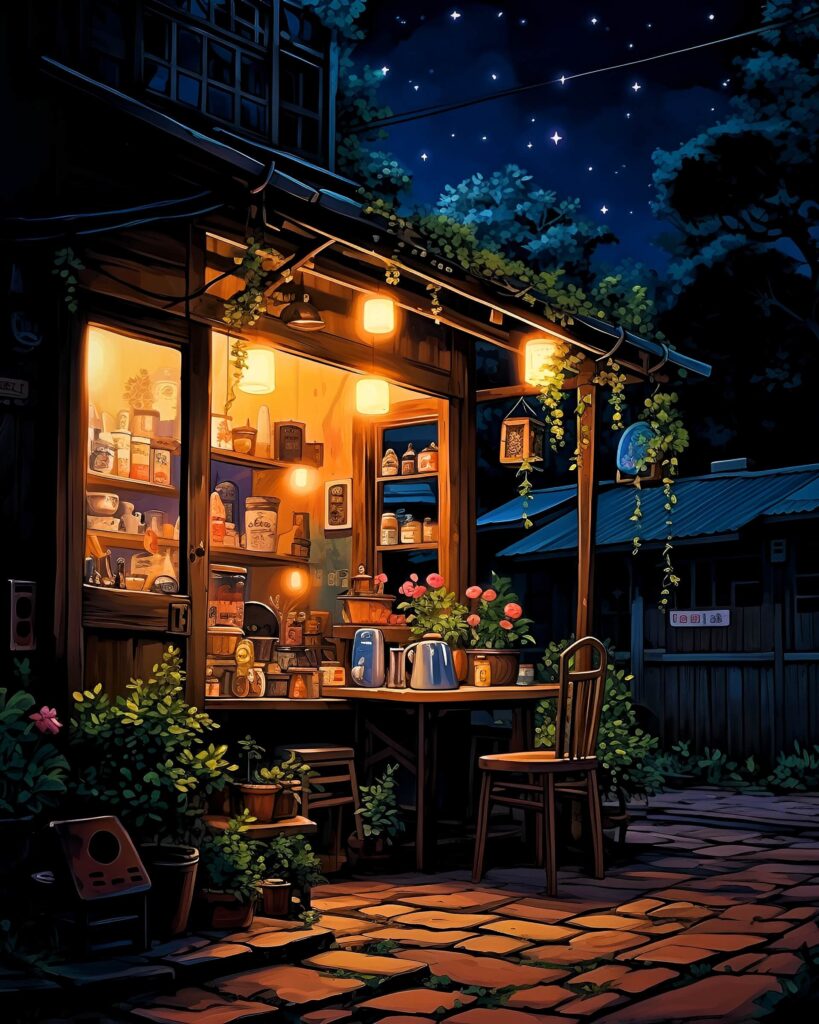 Lovely shop at night in AI art.