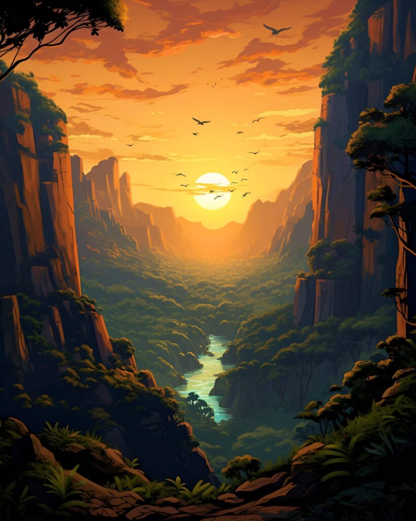 Majestic sunset in AI-generated artwork.