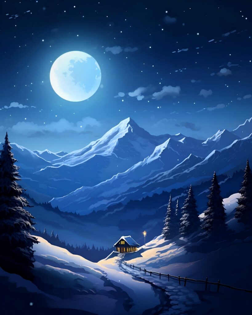 Moonlit snowy mountain AI-generated artwork.