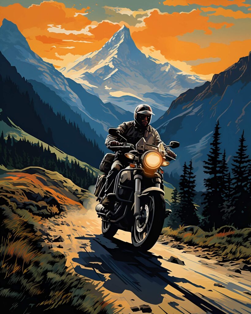 Motorcycle ride on a mountain AI art.