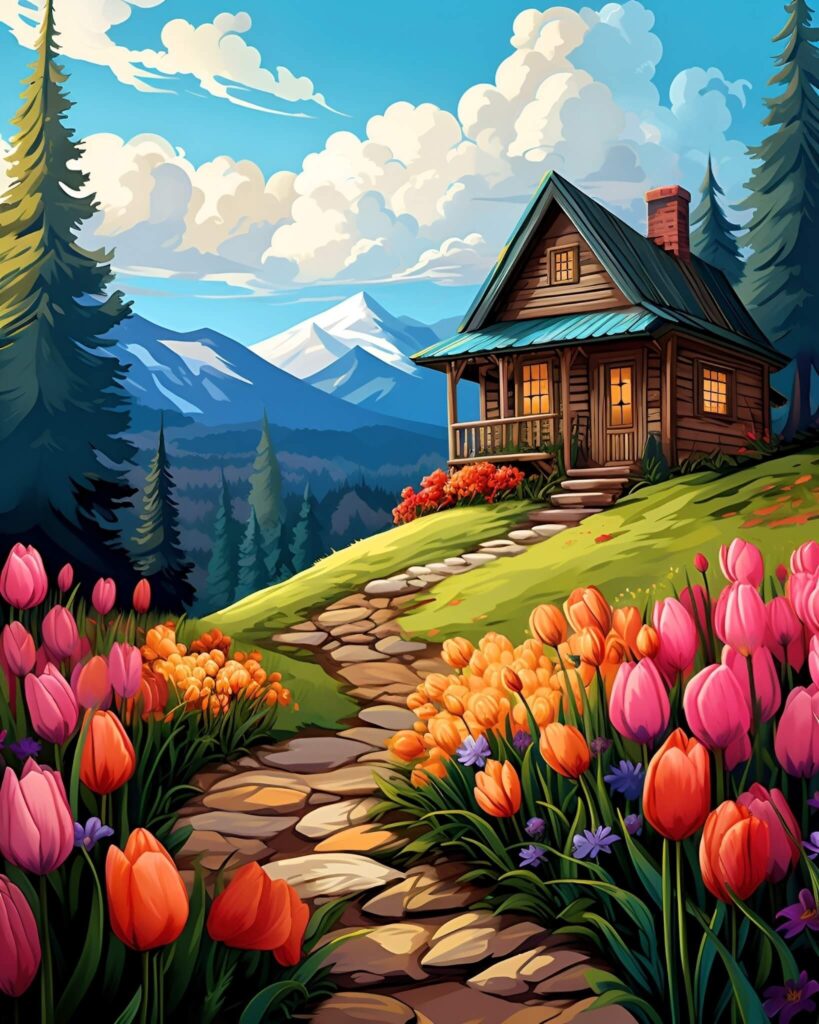 Beautiful Tulip Garden in Mountain Landscape