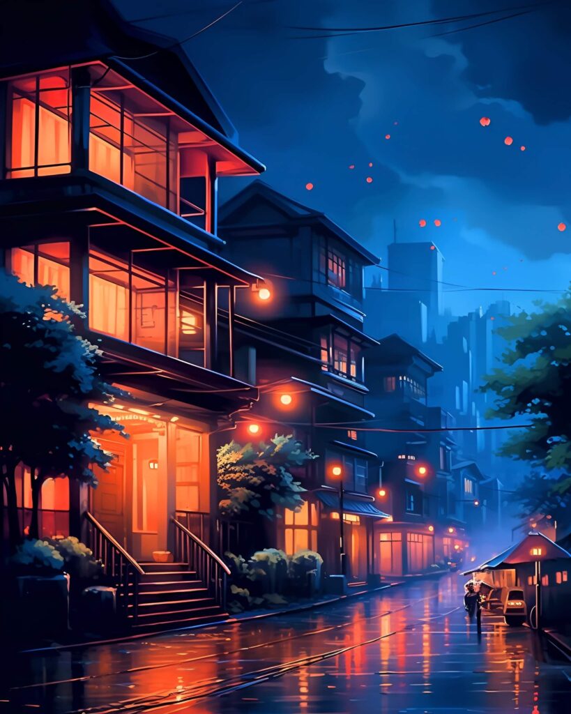 Rainy night in the suburbs in AI-generated artwork.