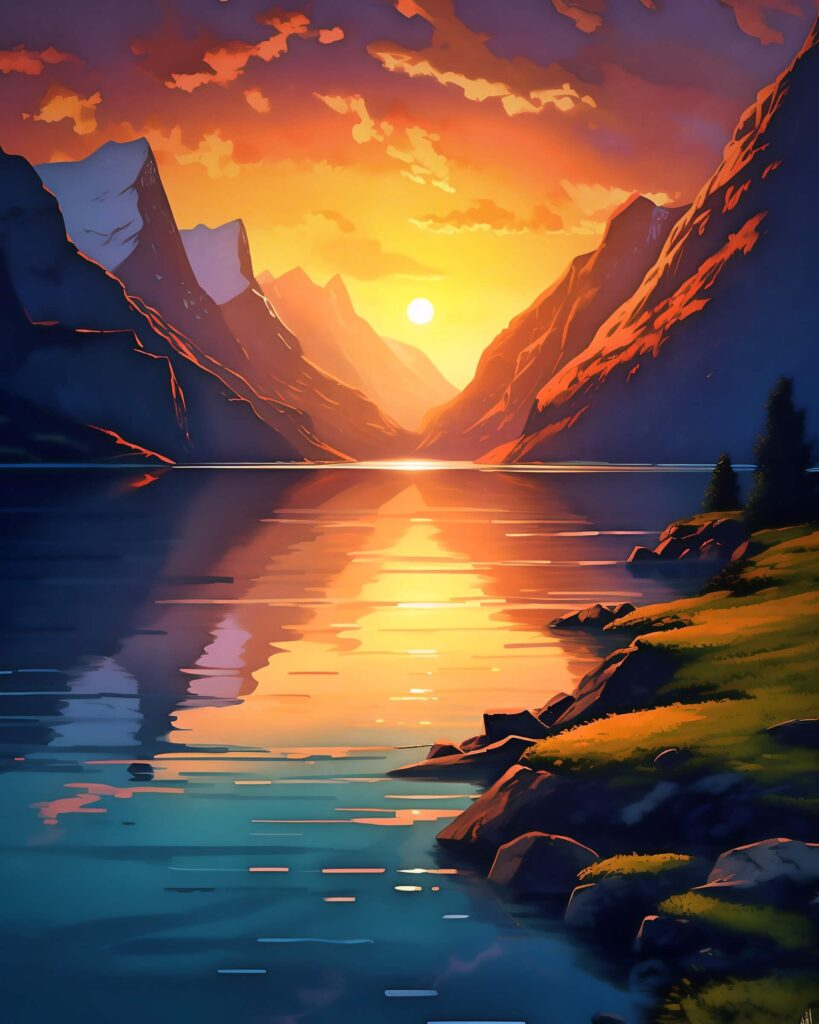 Sunset over mountains in AI artwork.