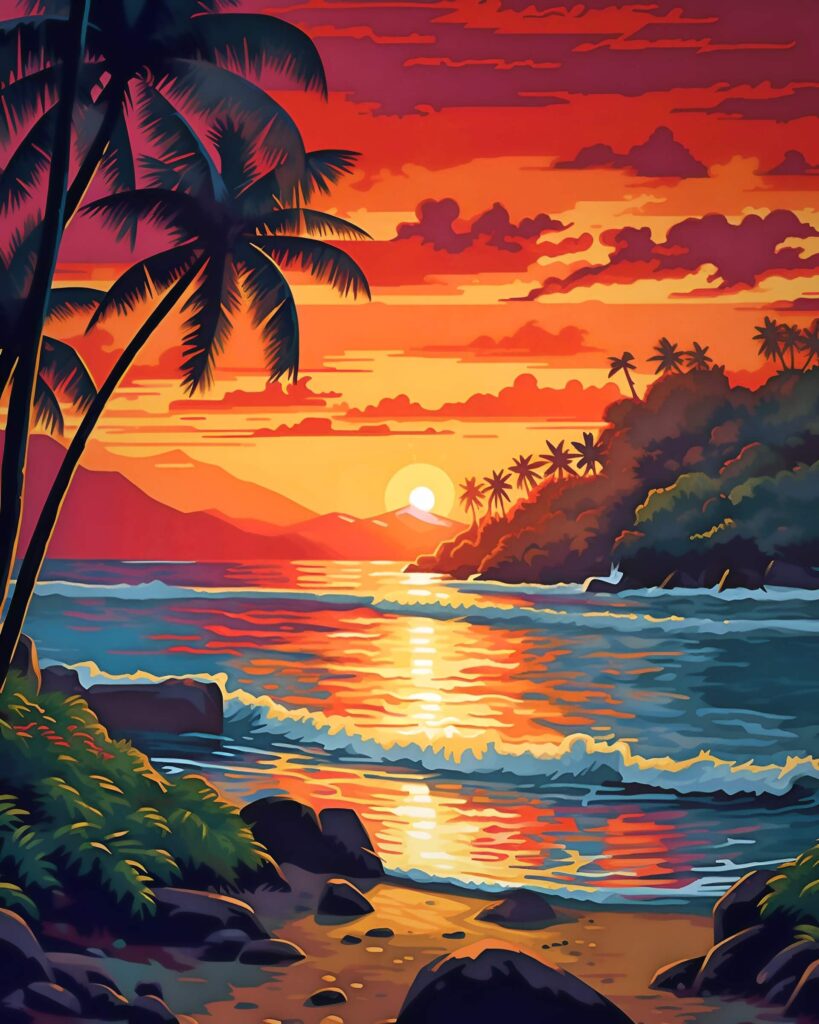 Tropical beach sunset in AI-generated artwork