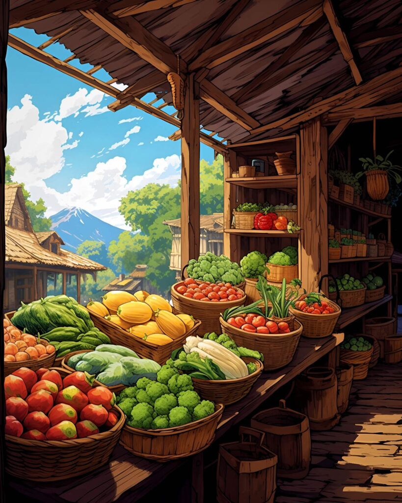Organic vegetable stand in AI-generated artwork