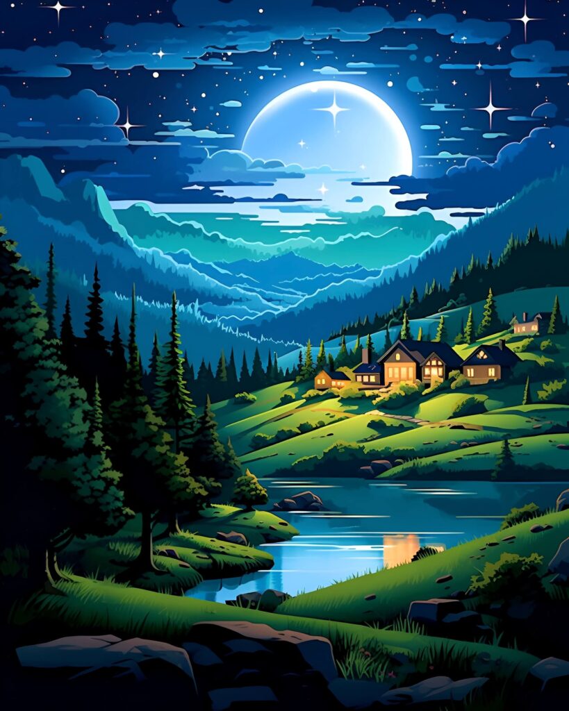 Village under the moon AI-generated artwork.